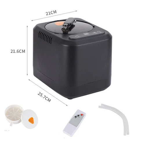 Aquanest 3L steam pot with hose, remote control and aroma tray, shown with dimensions